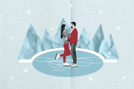 Greeting picture collage of happy couple enjoying time together skating on ice isolated on drawing backgroundの写真素材