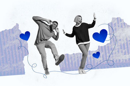 Composite photo collage of happy girl guy listen music headphones dance valentine love heart occasion isolated on painted backgroundの写真素材