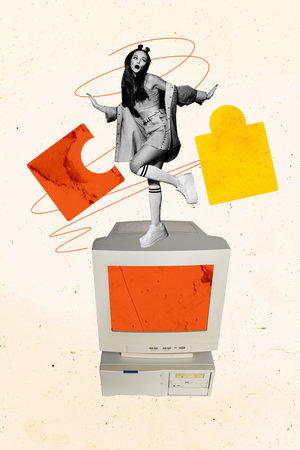 Composite trend artwork sketch image photo collage of copyspace young woman model posing stand...