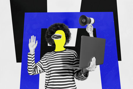 Collage artwork of funny unusual person waving arm hello video meeting isolated on creative...