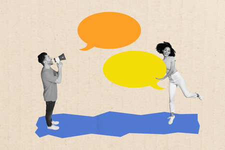 Composite creative art collage of happy guy scream megaphone bubble communication speech bubble...