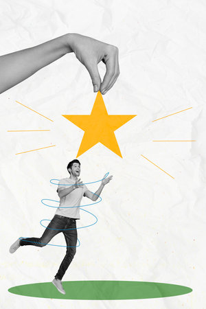 Collage image of pinup pop retro sketch of entrepreneur man excited catch chance star dream success...