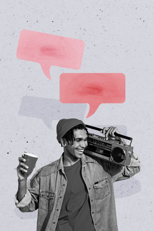 Composite trend artwork sketch image photo collage of speech cloud chatting social media young guy hold boombox drink cup party carefreeの写真素材