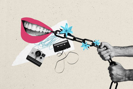 Composite photo collage of hands pull chain flower bloom mouth faceless smile bullying retro...
