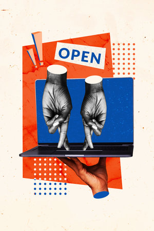 Composite trend artwork sketch image photo collage of young arm walk keypad laptop showing gesture two finger anonymous caricatureの写真素材