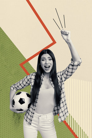 Creative trend collage of young female winning support team football fan freak bizarre unusual fantasyの写真素材