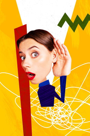 Vertical creative art collage of astonished girl hear ear gossip attentively scandal secret deaf...