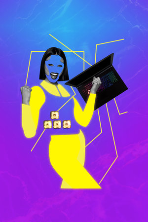 Composite trend artwork 3D sketch image photo collage of cyberspace ai bot virtual young lady hand gesture done success work laptopの写真素材