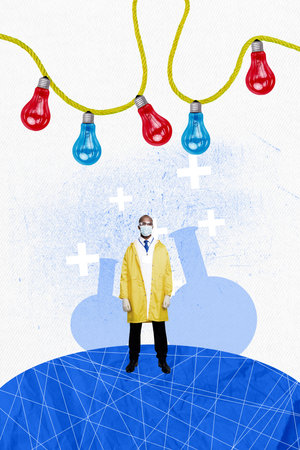 Composite trend sketch image collage of workspace young guy scientist work project research doctor diagnosis laboratory illness idea lampの写真素材