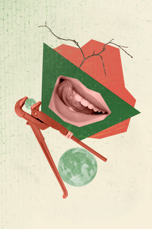 Composite trend artwork 3D sketch image photo collage of caricature outdoors moon space fragment woman face mouth lips tongue teeth toolの写真素材