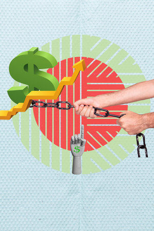 Vertical photo collage of hands point dollar income success arrow development concept rich profit money isolated on painted backgroundの写真素材