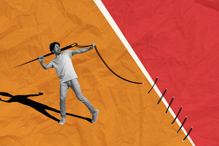 Composite photo collage of happy man designer dressmaker hold big needle thread garment handy-craft isolated on painted backgroundの写真素材