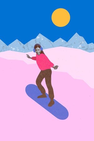 Creative image picture drawing collage of happy girl sportswoman enjoy winter sport snow boardingの写真素材