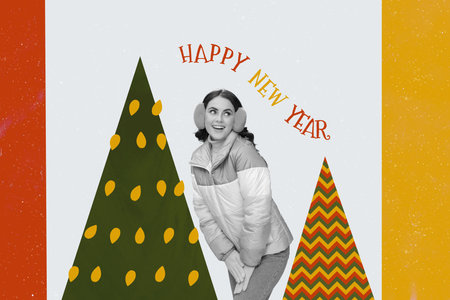 Invitation card banner poster collage of happy positive girl prepare for christmas party choose fir treeの写真素材