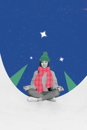 Creative image drawing picture collage of peaceful girl meditate outdoors winter nightの写真素材