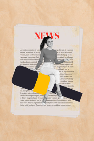 Vertical poster collage mass media woman journalist microphone text news reporter profession occupation job worker drawing backgroundの写真素材