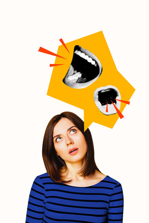 Vertical photo collage of minded girl headless mouth speak bullying brainwash society influence hate...