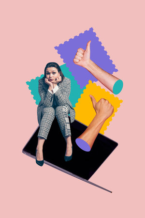 Vertical photo collage of confused girl sit laptop thumb up reaction like feedback social media...