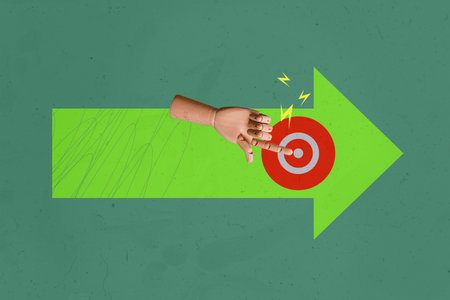 Composite photo collage of wooden hand point target goal achievement darts success development...