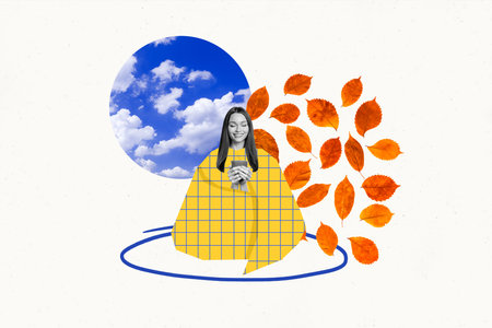 Banner photo collage of cheerful happy girl sitting home drinking hot tasty tea enjoy cozy time isolated on white painted backgroundの写真素材