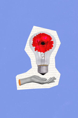Template sketch image composite artwork collage of silhouette anonymous arm hold showing idea lamp creative smart flower nature springの写真素材