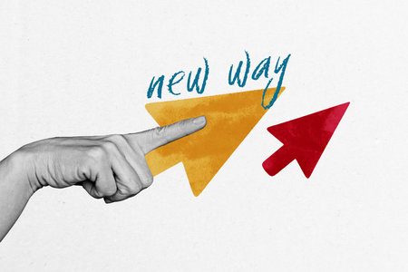 Sketch template design 3D photo collage composite of anonymous huge hand finger point gesture aim new way trader business arrow startupの写真素材