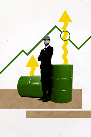 Vertical photo collage of happy businessman architect wear formal suit helmet stand graph progress barrel oil isolated on painted backgroundの写真素材