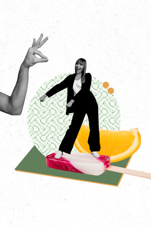 Vertical photo collage of happy girl dance ice-cream sweet dessert orange slice tropical fruit hand mouth isolated on painted backgroundの写真素材