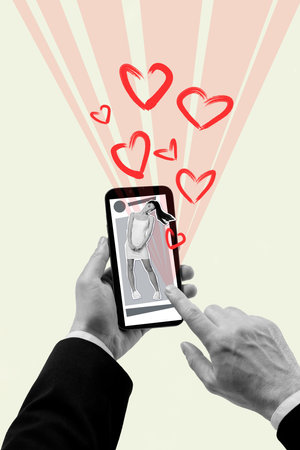 Vertical creative collage image of hands hold smartphone click like popular influencer young...
