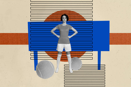 Composite trend artwork 3D sketch image photo collage of sport exercise training young lady sportswear stand net tennis ball sportswomanの写真素材