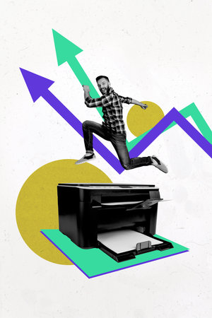 Composite trend artwork 3D sketch image collage of young man arrow up success jump printer progress...