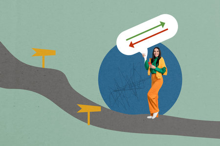 Composite photo collage of happy girl freelancer hold phone notification arrow turn path pointer isolated on painted backgroundの写真素材
