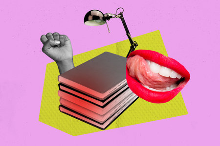 Composite photo collage of hand show fist planner book stack education lamp illumination supplies mouth isolated on painted backgroundの写真素材