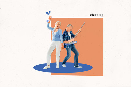 Poster 3d photo collage of funky cheerful people having fun playing guitar music song isolated on drawing white color backgroundの写真素材