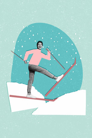 Vertical collage image of cheerful black white effect girl hands hold sticks walking skiing snowfall isolated on turquoise backgroundの写真素材