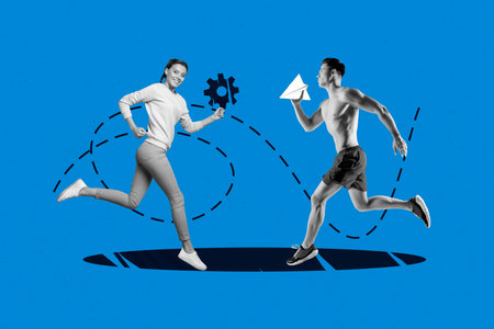 Creative collage picture young sportsman woman run intense exercise practicing cogwheel gear paper airplane athlete efficiency optimizationの写真素材