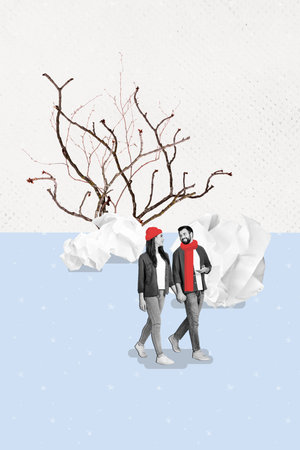 Artwork collage of happy cheerful girl hold hands going together snowy street frosty weather outdoors isolated on drawing backgroundの写真素材