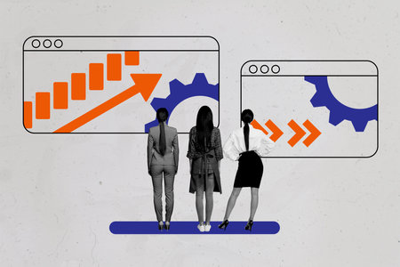 Composite photo collage of three business girls stand back webpage tab statistics arrow chart...