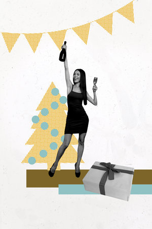 Vertical photo collage of happy girl hold champagne bottle glass new year tree present box garland party isolated on painted backgroundの写真素材