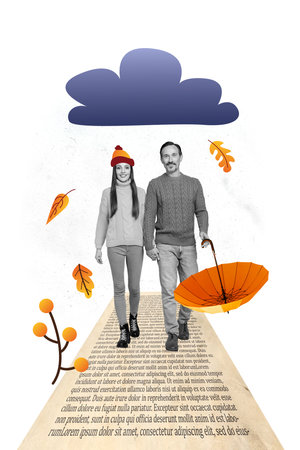 Vertical creative illustration composite photo collage of positive happy couple walk on book page outdoors isolated on drawing background