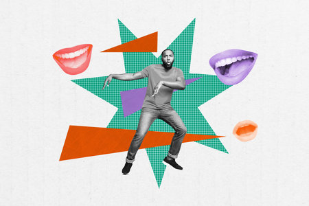 Composite photo collage of happy american guy dance party occasion mouth smile teeth lips celebration isolated on painted backgroundの写真素材