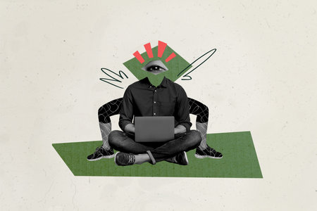 Composite trend artwork sketch photo collage of headless surreal space young man work remote laptop sit eye watch vision cyber securityの写真素材