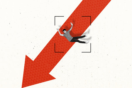 Stocks graphic market world global crisis collage illustration of falling down stressed guy business bankrupt isolated on white backgroundの写真素材