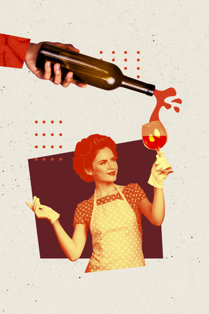 Trend artwork poster composite sketch image collage of young woman housewife hold glass wine bottle pour drink holiday friday relaxの写真素材