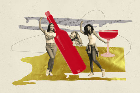 Trend artwork composite banner photo collage of nightclub bachelorette three young lady celebrate party wine glass bottle alcohol cocktailの写真素材