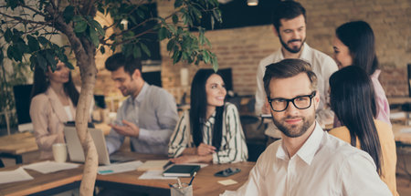Confident successful start up company owner leader man sit desk ready coaching experience conference decide discuss motivation self-development aim innovation presentation in workstationの写真素材