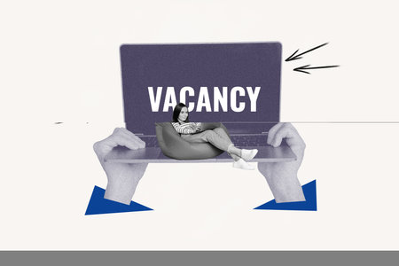 Abstract creative composite photo collage of positive girl sit on pouf with laptop search remote job isolated on white color backgroundの写真素材