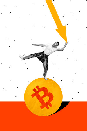 Vertical photo collage of astonished man stand coin income bitcoin cryptocurrency profit arrow development isolated on painted backgroundの写真素材