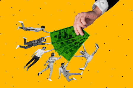 Composite photo collage of excited business girls guys want dollar income success charity profit banknotes isolated on painted backgroundの写真素材