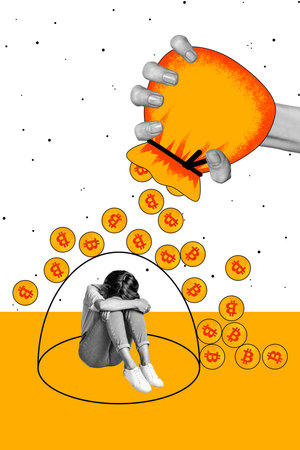 Vertical photo collage of puzzled businesswoman bankrupt hand pour bitcoin penny charity support bonus isolated on painted backgroundの写真素材